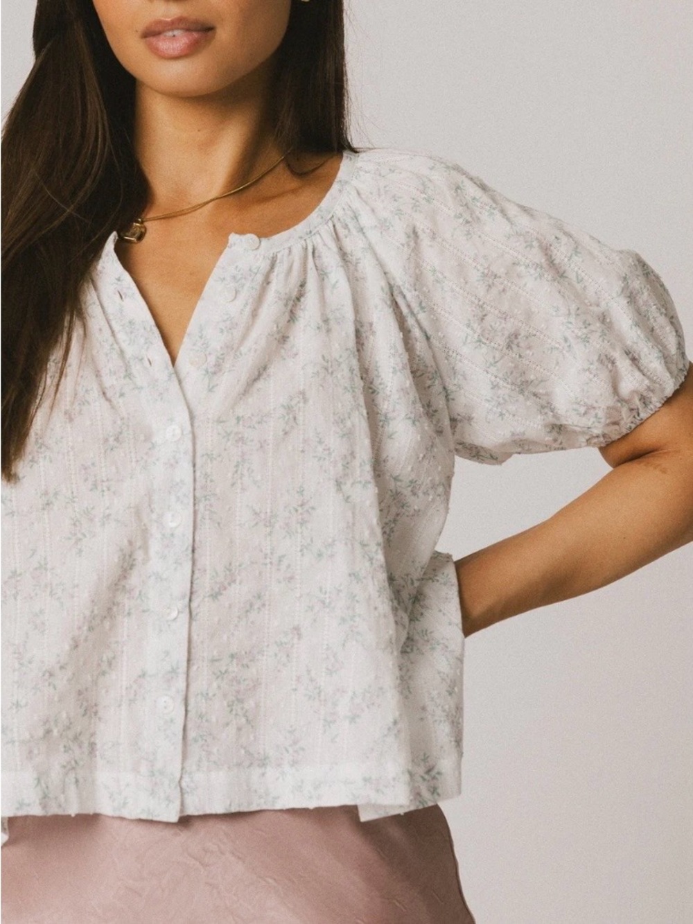 bohme White Floral Button-Front Puff Sleeve Blouse
